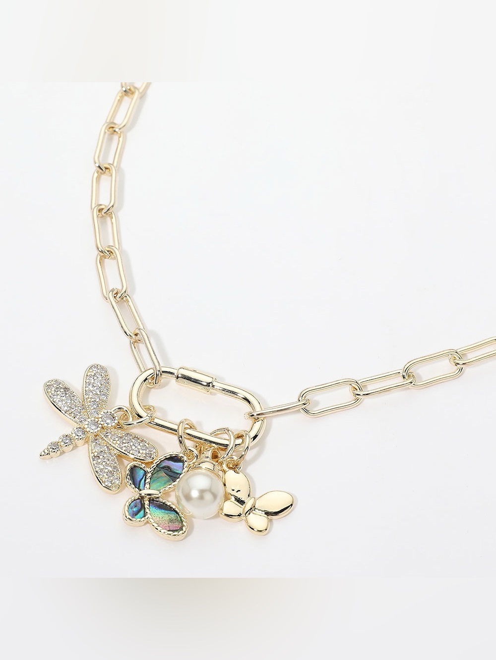 14K GP CZ Pave Dragonfly Abalone Butterfly Pearl Carabiner Paperclip Necklace